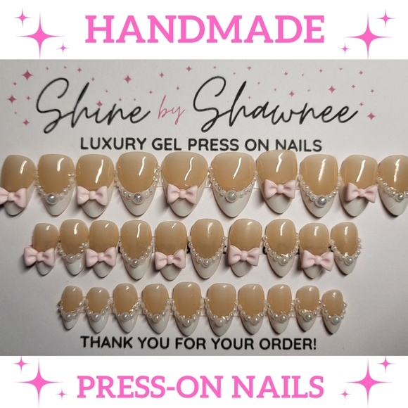 Handmade Luxury Press-On Nails | Sturdy & Reusable | BOWS & PEARLS (BABY PINK) - Picture 1 of 8